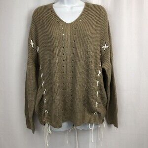 Andree by Unit Tan Sweater Womens Medium Oversized Lace Up Tie Boho V-Neck M